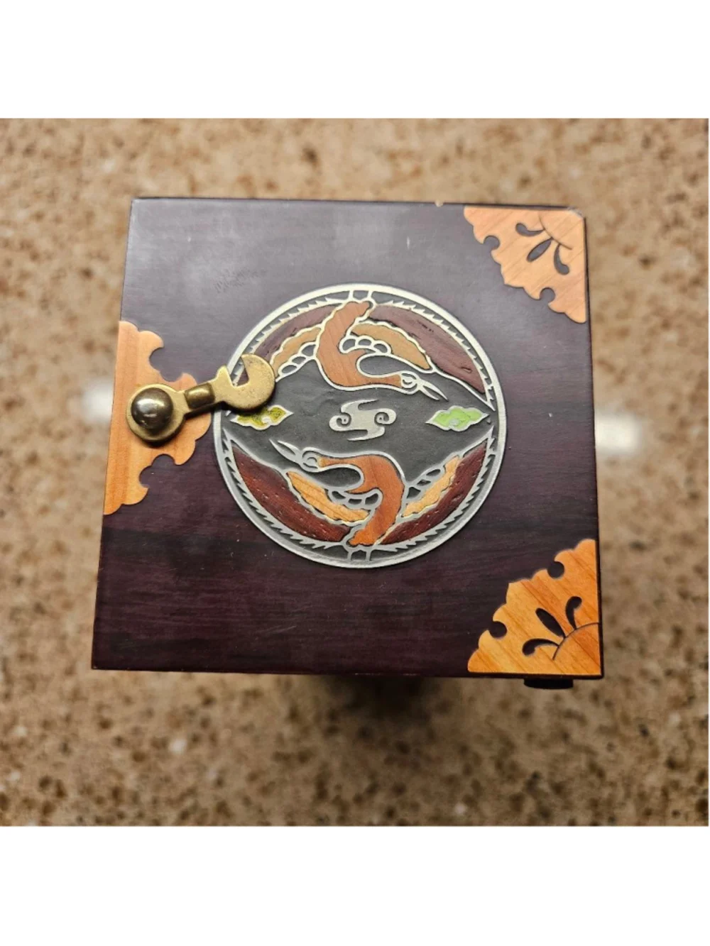 Collectible Korean wood metal inlay jewelry puzzle box